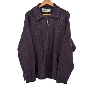 Aran Crafts 100% Merino Wool Chunky Cable Knit Sweater Quarter Zip Purple XXL